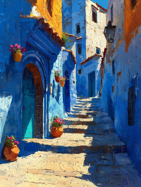Painterly Chefchaouen canvas print climbing toward the Rif Mountains