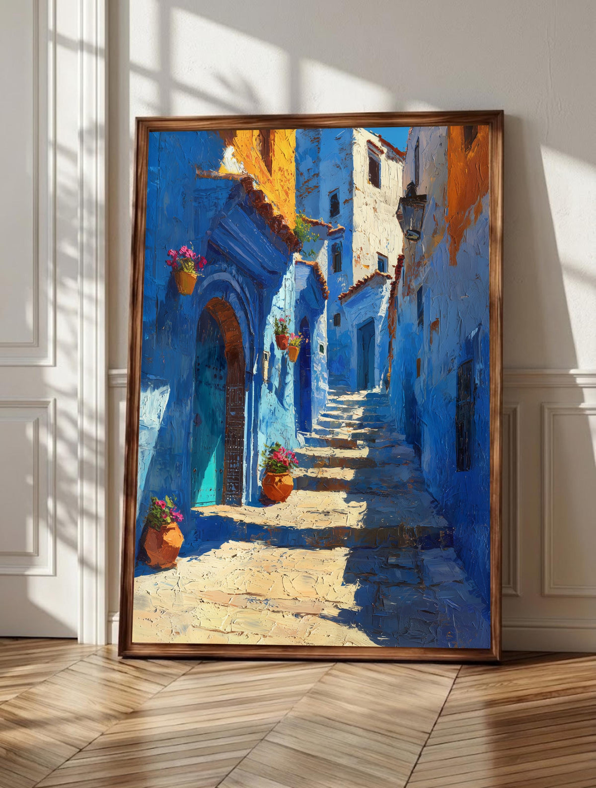 Chefchaouen wall art: sky-blue medina walls and stepped alleys in Morocco, framed canvas print