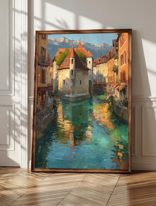 Annecy wall art: the Palais de l'Ile mid-river in the old French town, framed canvas print