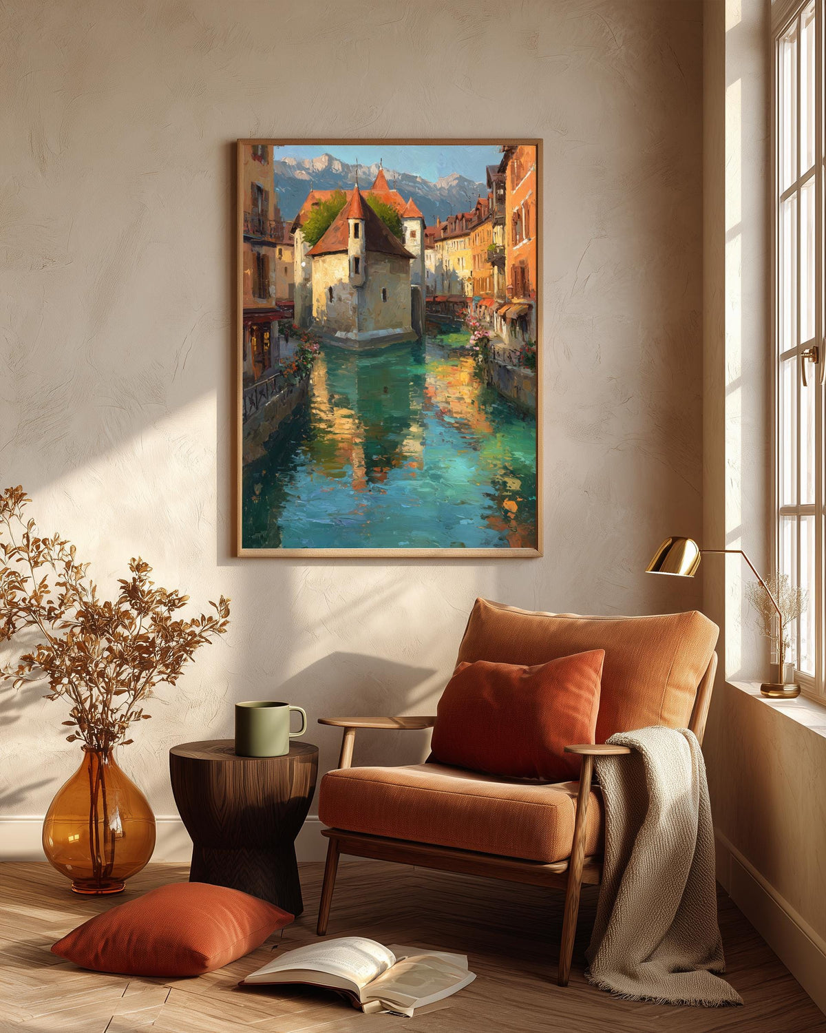 Oil-painting style Annecy river view printed on cotton canvas, made to order