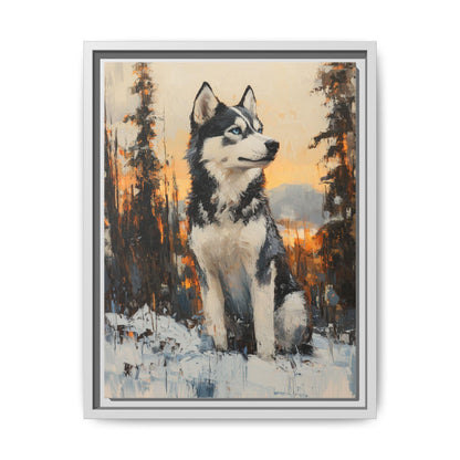 Siberian Husky wall art framed canvas print in a white wood frame