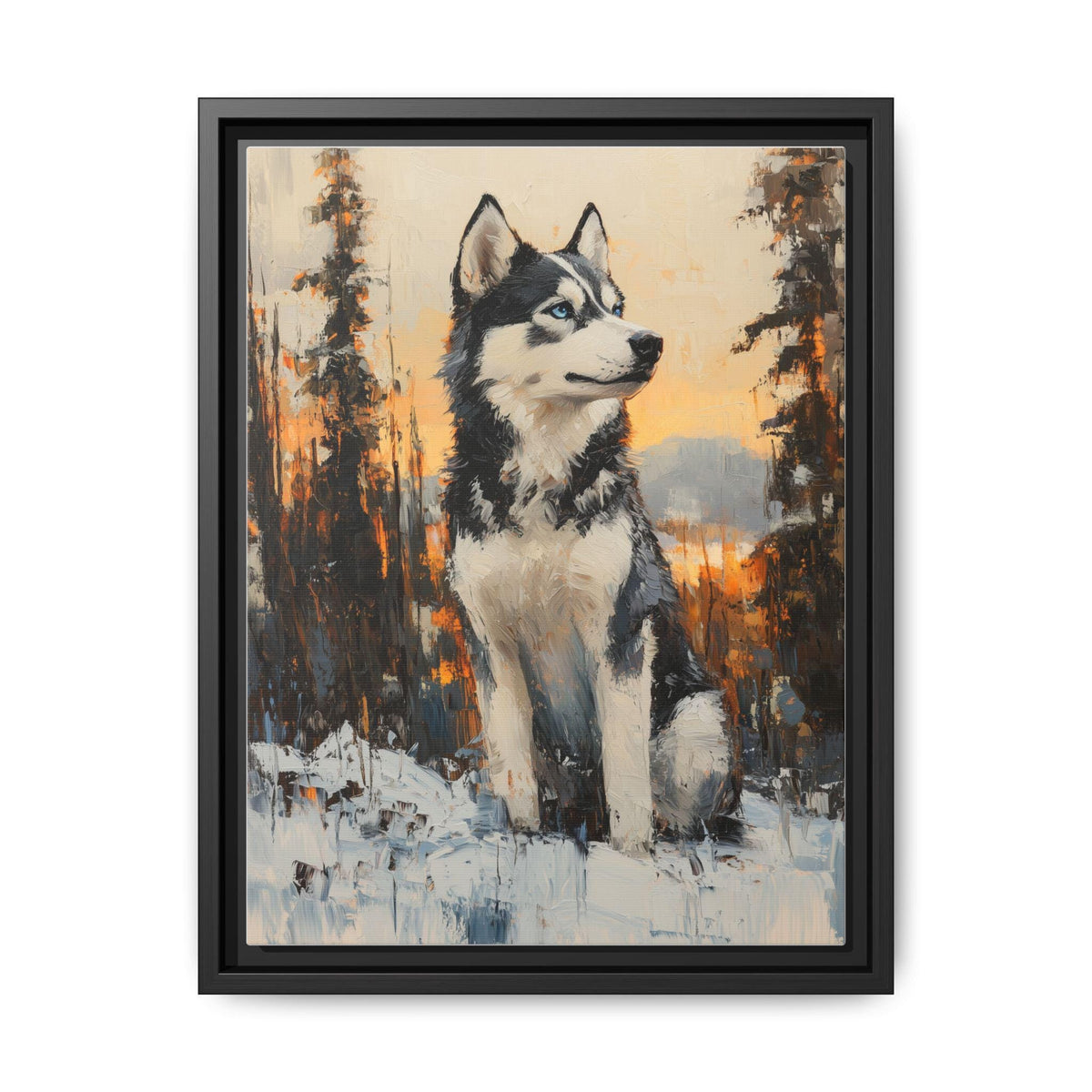 Siberian Husky wall art framed canvas print in a black wood frame