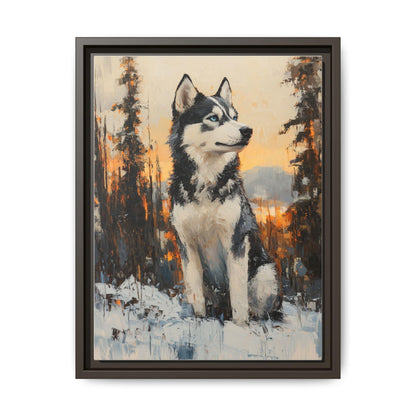Siberian Husky wall art framed canvas print in an espresso wood frame