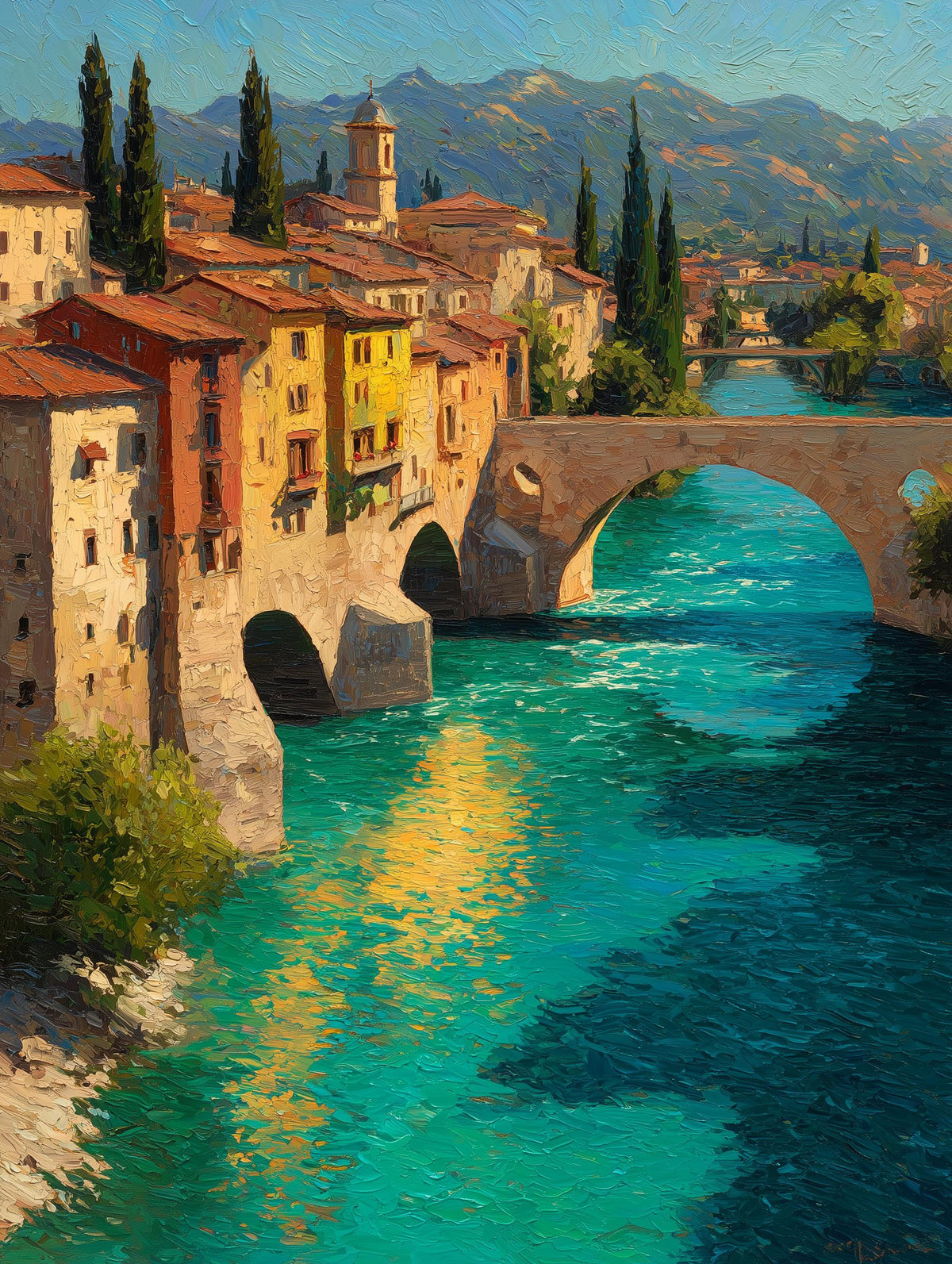 Painterly Verona canvas print with warm brick and terracotta rooftops
