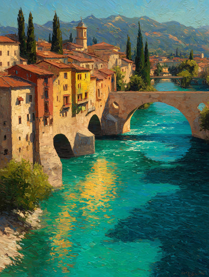 Painterly Verona canvas print with warm brick and terracotta rooftops