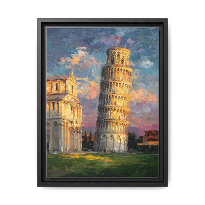Leaning Tower of Pisa wall art framed canvas print in a black wood frame