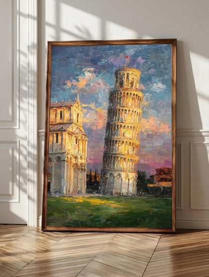 Leaning Tower of Pisa wall art: the famous tilted marble campanile in warm light