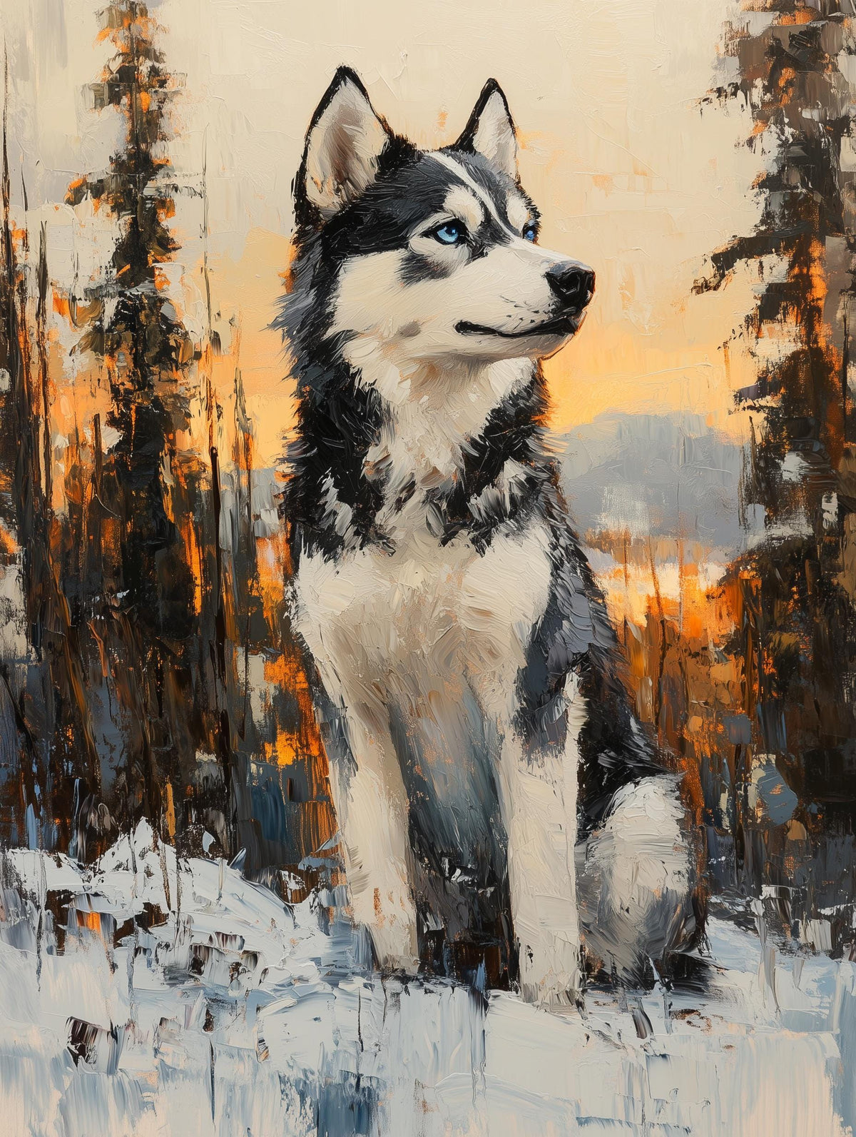 Siberian husky portrait painted alla prima in loose, confident oil brushstrokes