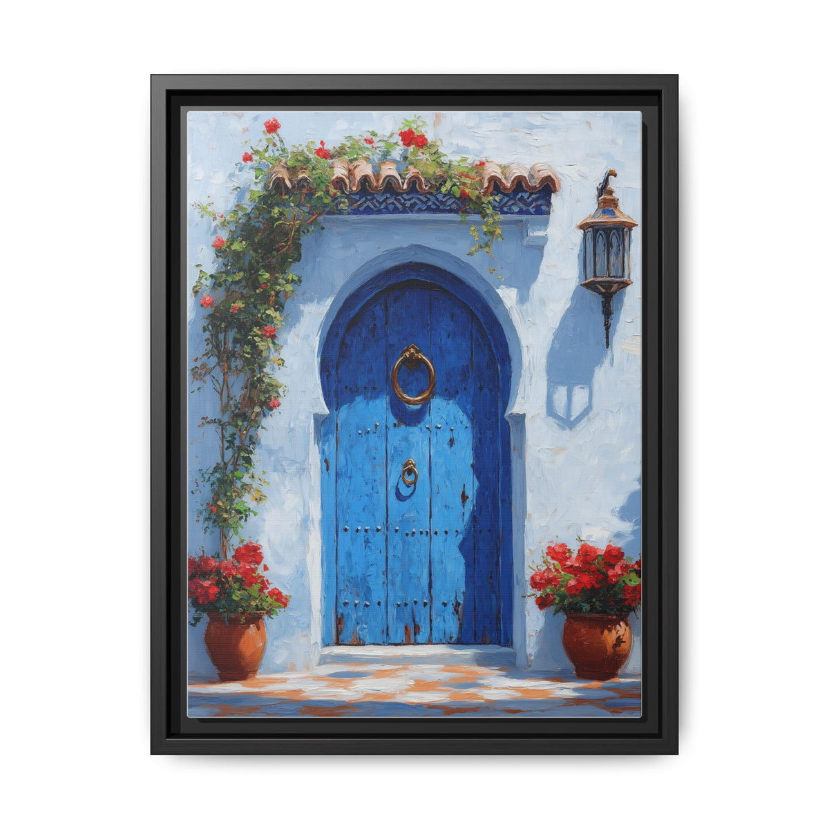 Moroccan wall art framed canvas print in a black wood frame