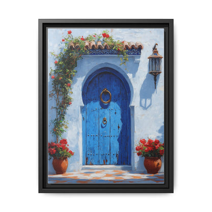 Moroccan wall art framed canvas print in a black wood frame