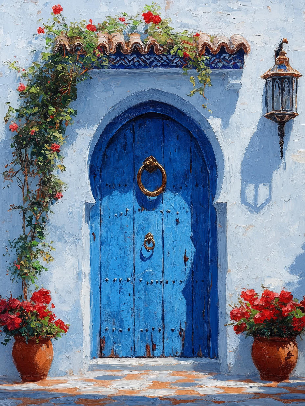 Painterly Morocco street study in cobalt, sky blue and sunlit white