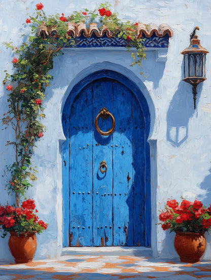 Painterly Morocco street study in cobalt, sky blue and sunlit white