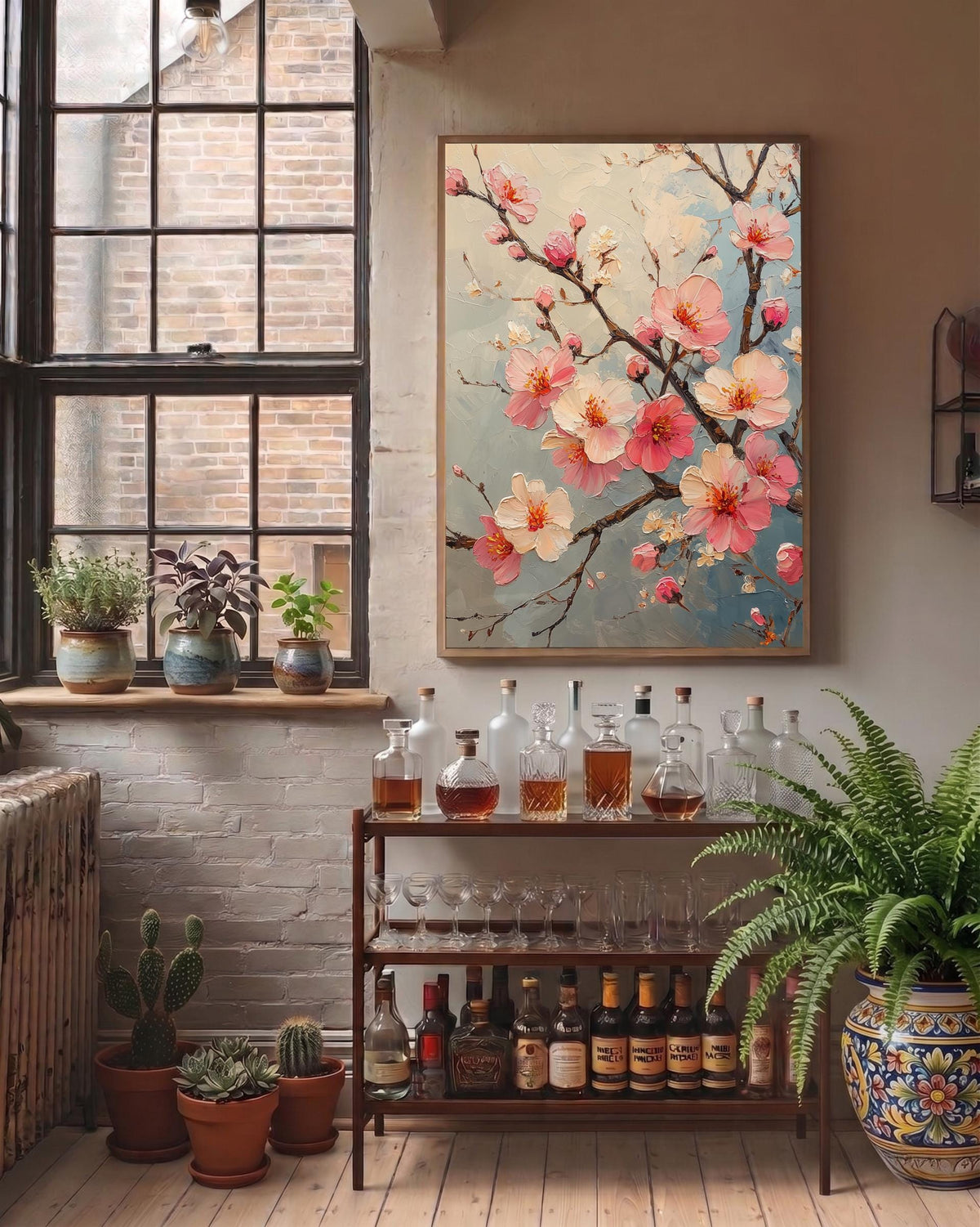 Blossom branch framed canvas art set in a solid wood frame, ready to hang