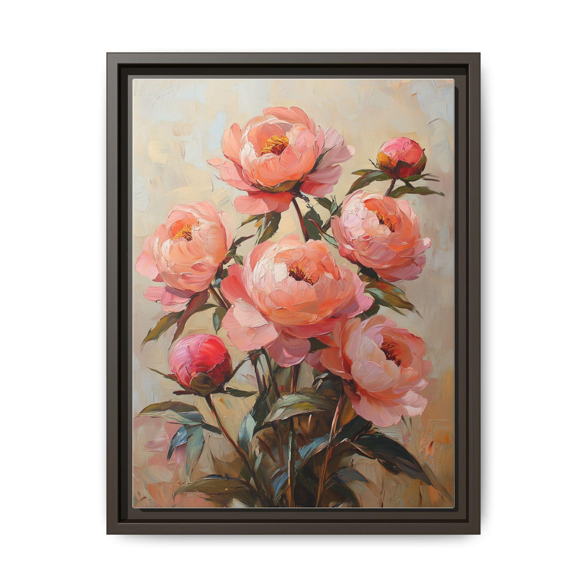 Peony wall art framed canvas print in an espresso wood frame