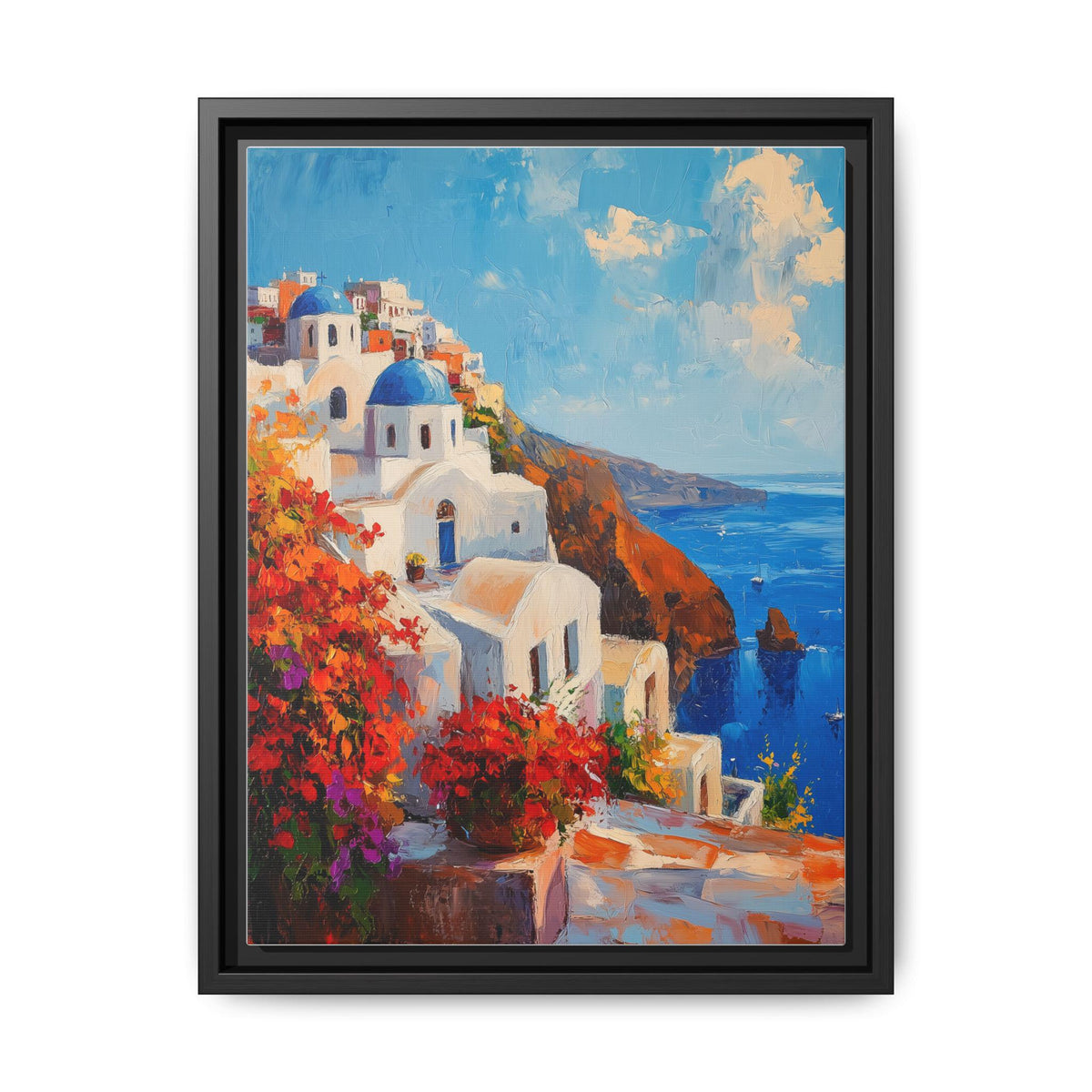Santorini art framed canvas print in a black wood frame