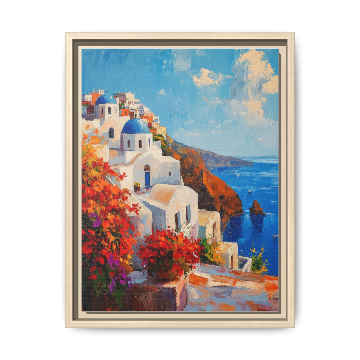 Santorini art framed canvas print in a natural wood frame