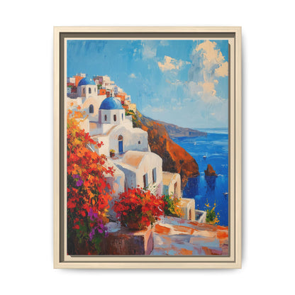 Santorini art framed canvas print in a natural wood frame