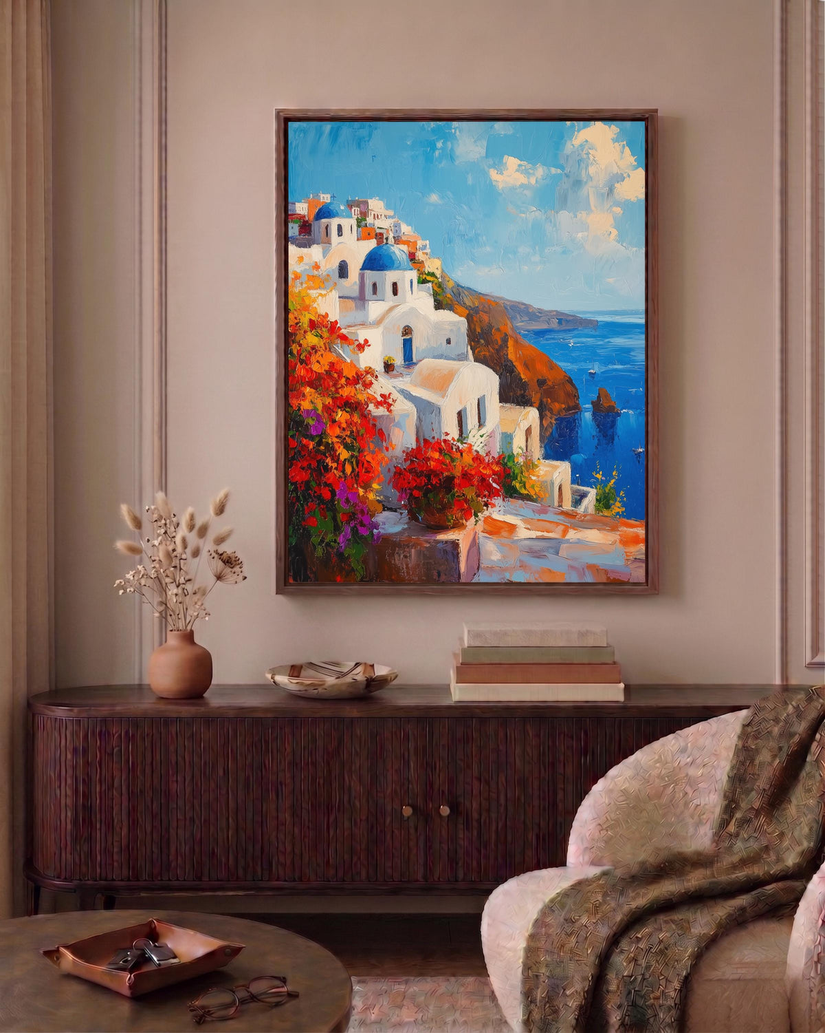Greek island framed canvas in a handmade solid wood frame, ready to hang