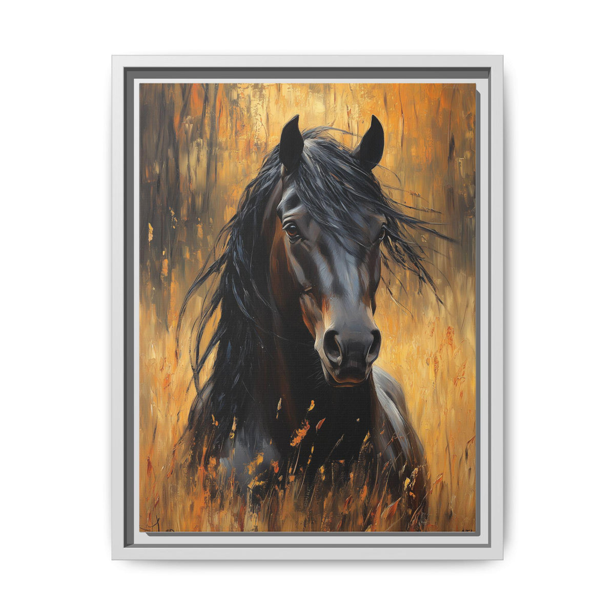 Horse wall art framed canvas print in a white wood frame