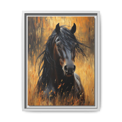 Horse wall art framed canvas print in a white wood frame