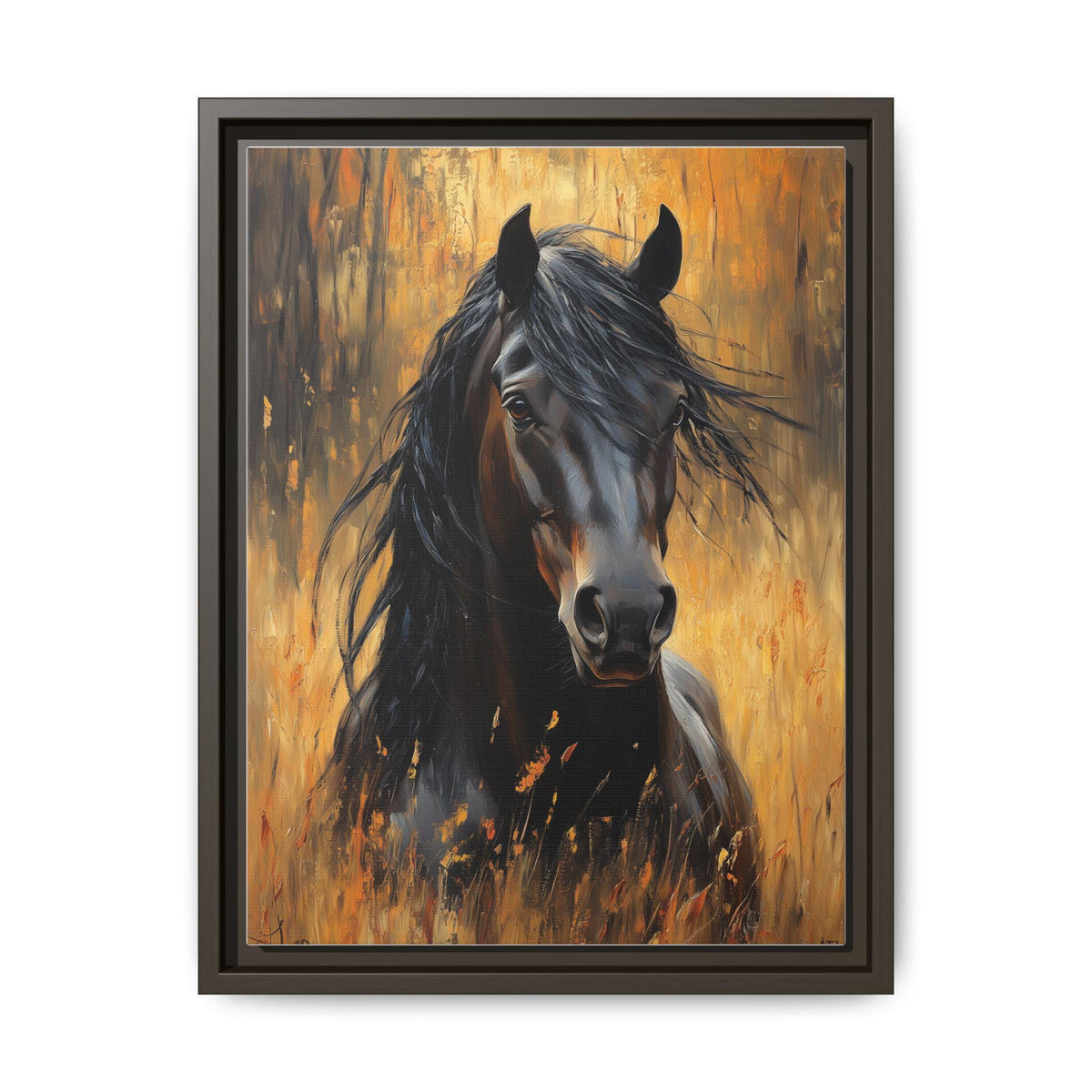 Horse wall art framed canvas print in an espresso wood frame