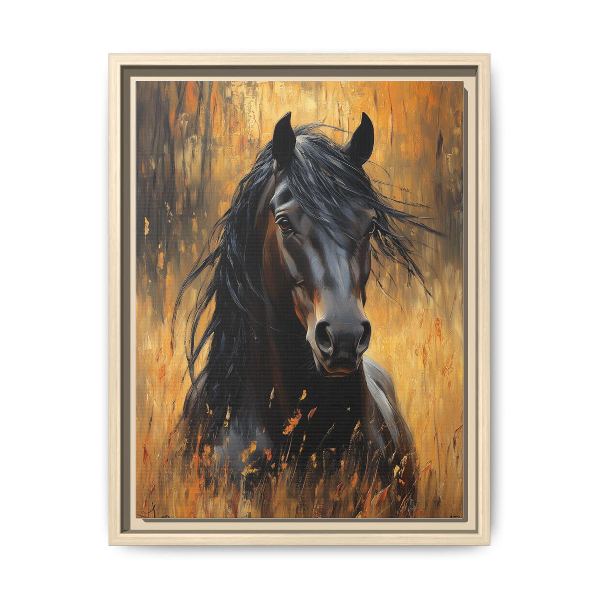 Horse wall art framed canvas print in a natural wood frame