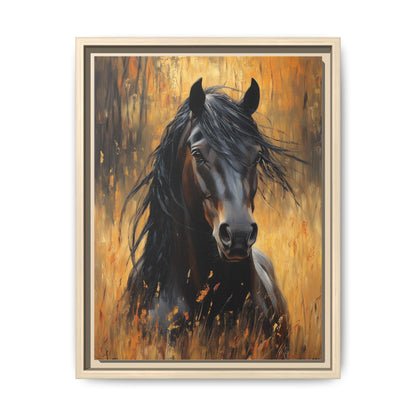 Horse wall art framed canvas print in a natural wood frame