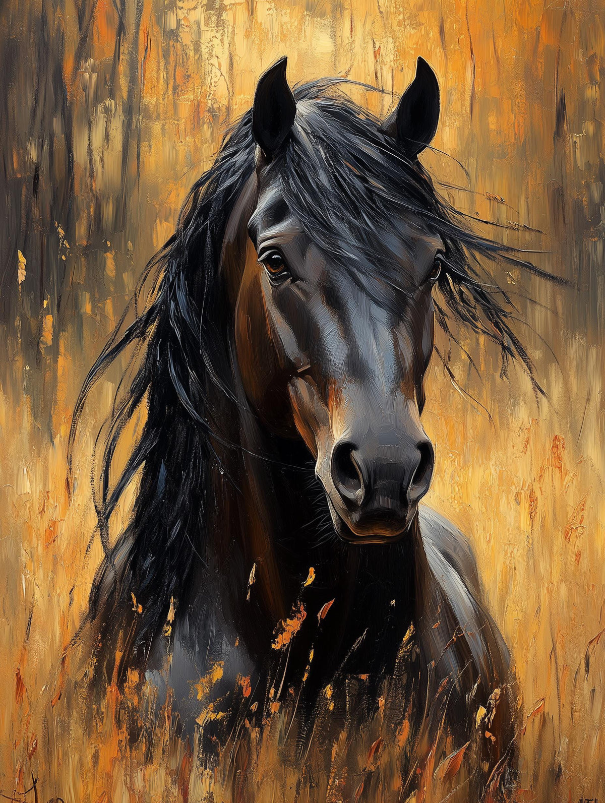 Close-up horse painting where every brushstroke in the mane stays visible on canvas