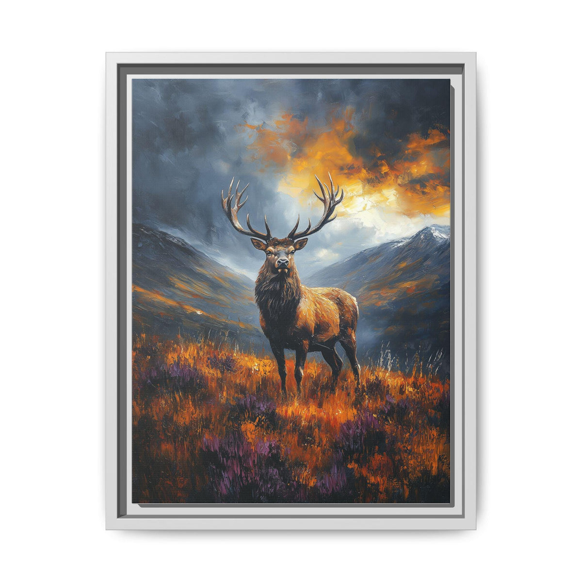 Stag wall art framed canvas print in a white wood frame
