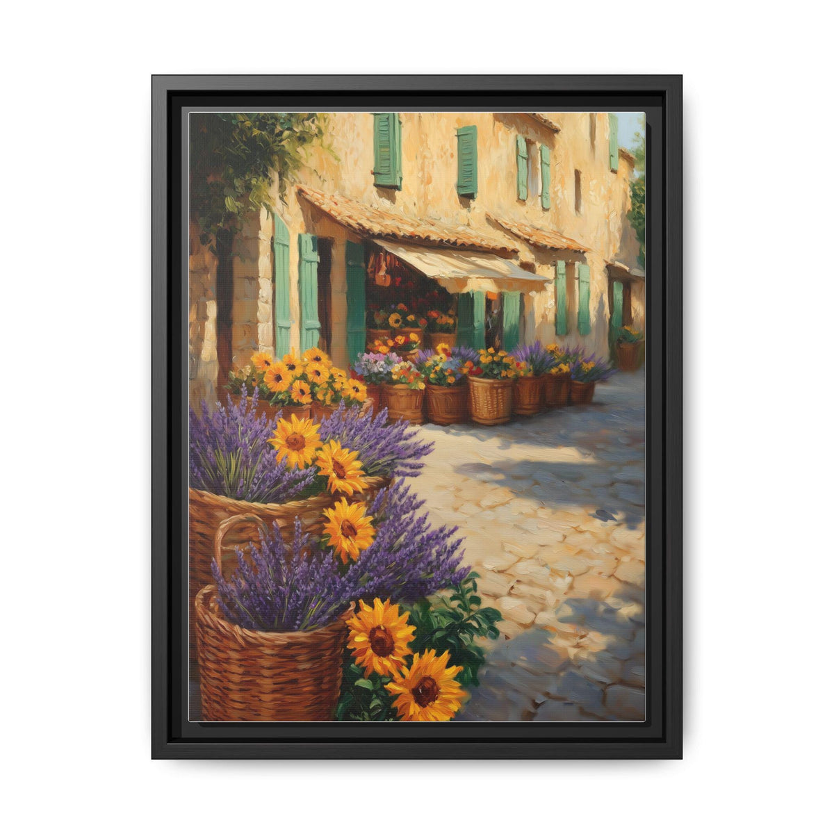 French Market wall art framed canvas print in a black wood frame