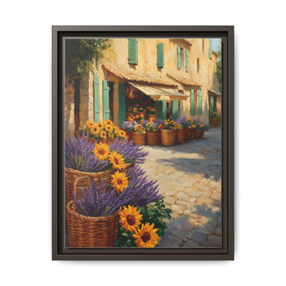 French Market wall art framed canvas print in an espresso wood frame