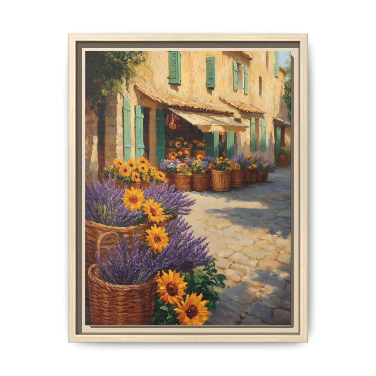 French Market wall art framed canvas print in a natural wood frame