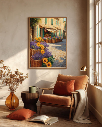 Oil-painting style market scene in lavender purple and ochre, ready to hang