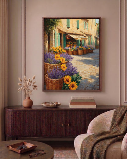 French market framed canvas printed on cotton and hand-framed in solid wood