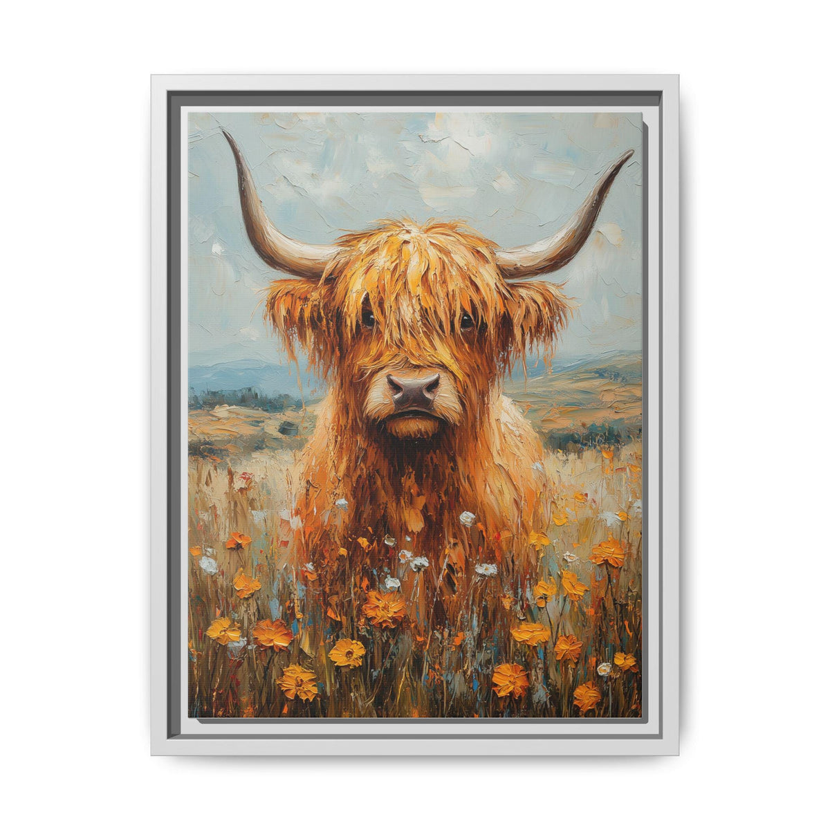 Highland Cow wall art framed canvas print in a white wood frame