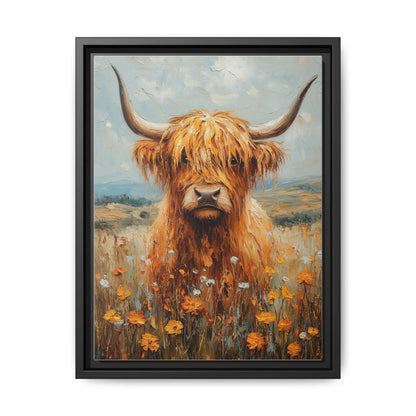 Highland Cow wall art framed canvas print in a black wood frame