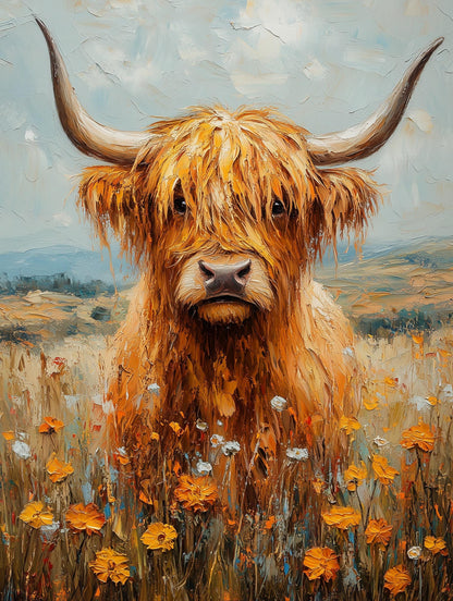 Painterly Highland cow portrait with a long fringe falling over dark eyes, oil-painting style