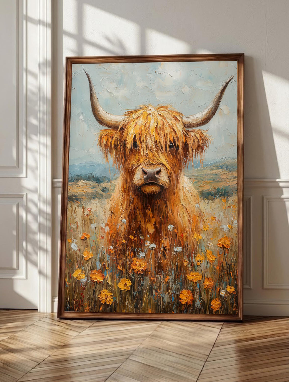 Highland Cow wall art: a shaggy ginger Highland cow gazing out, framed canvas print
