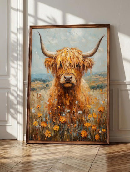 Highland Cow wall art: a shaggy ginger Highland cow gazing out, framed canvas print