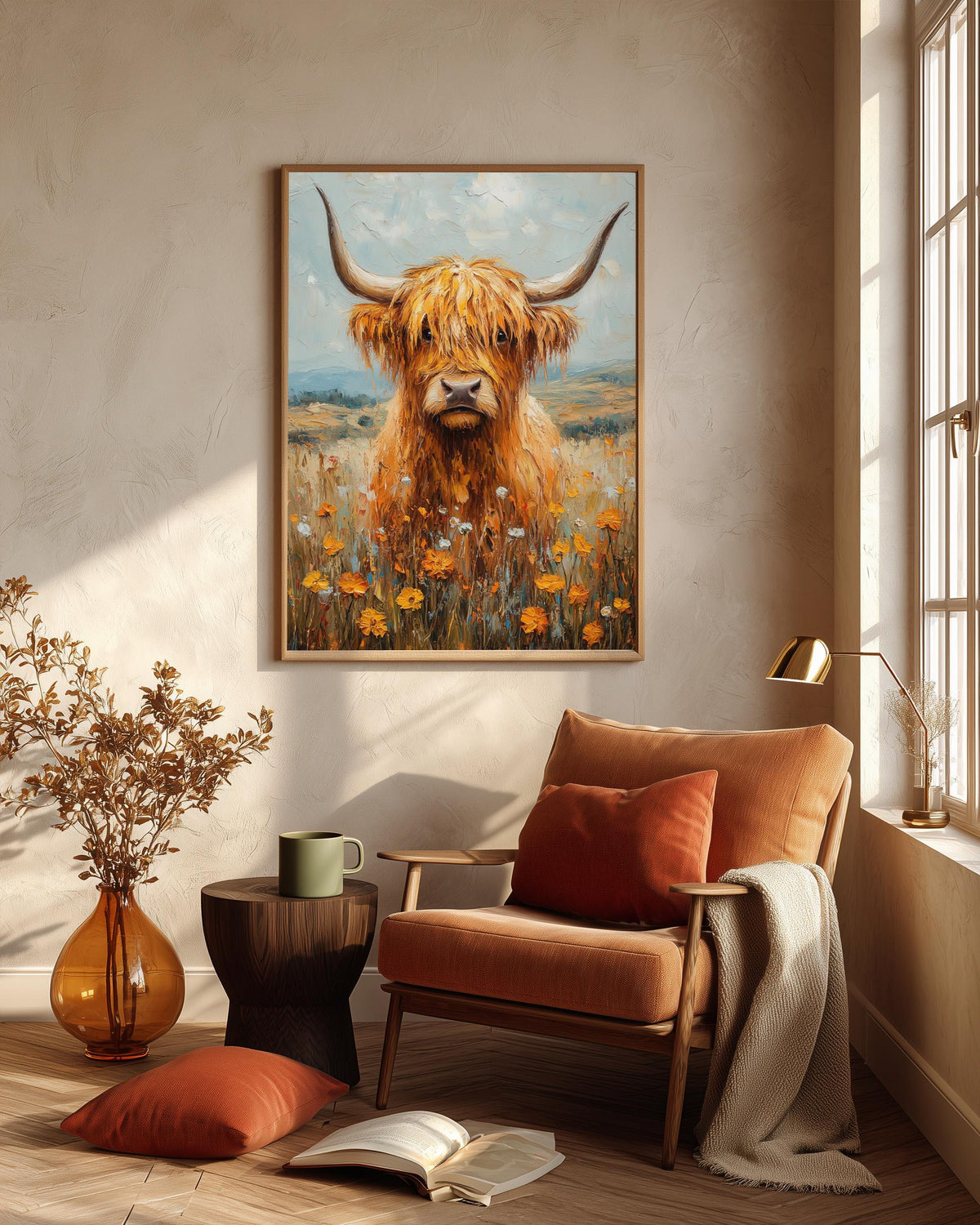 Warm oil-style cow portrait in rust and cream, made to order and ready to hang
