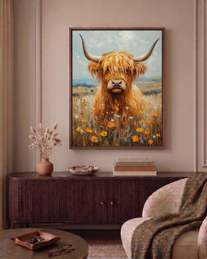 Scottish Highland cattle canvas print on cotton canvas, hand-framed in solid wood