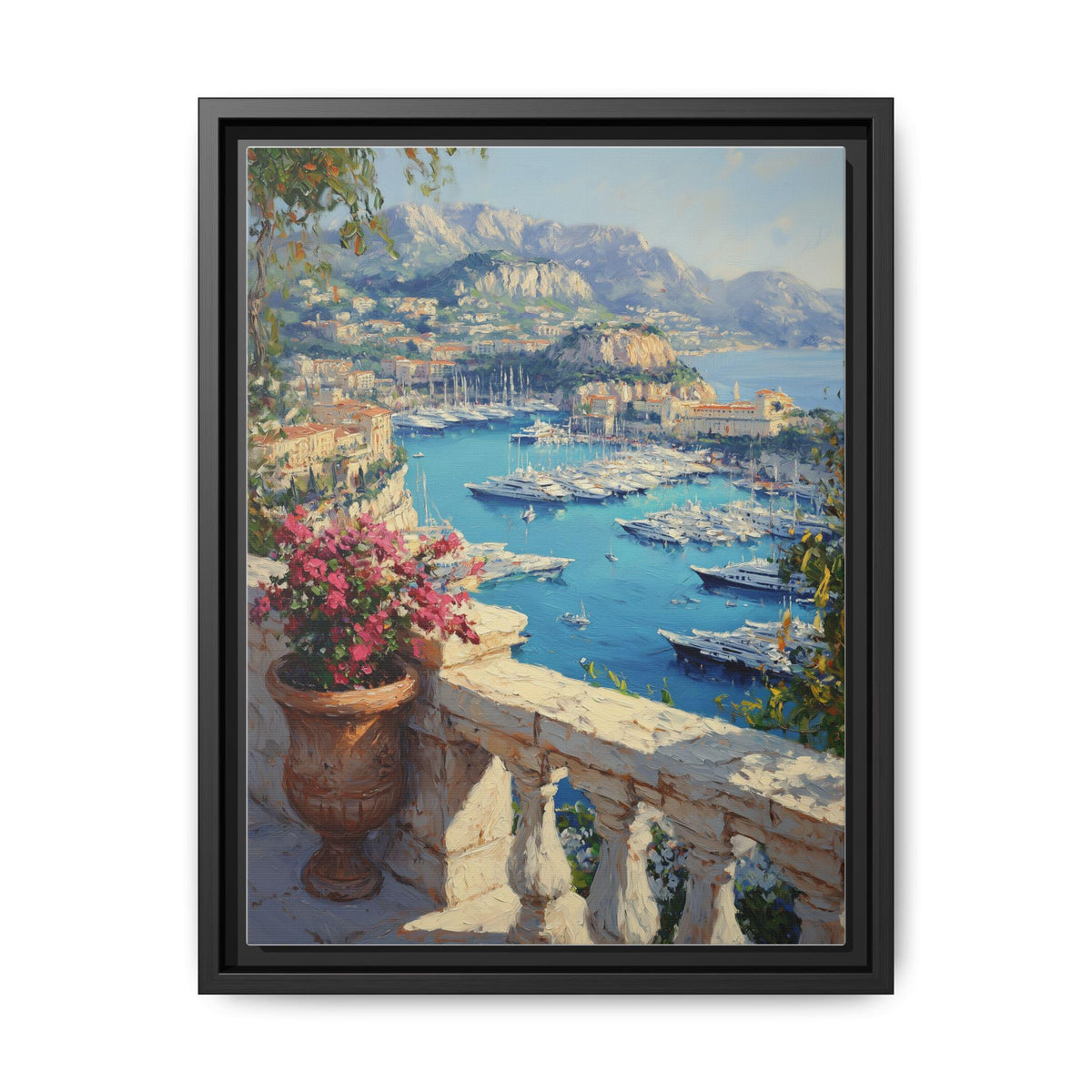 Monaco wall art framed canvas print in a black wood frame