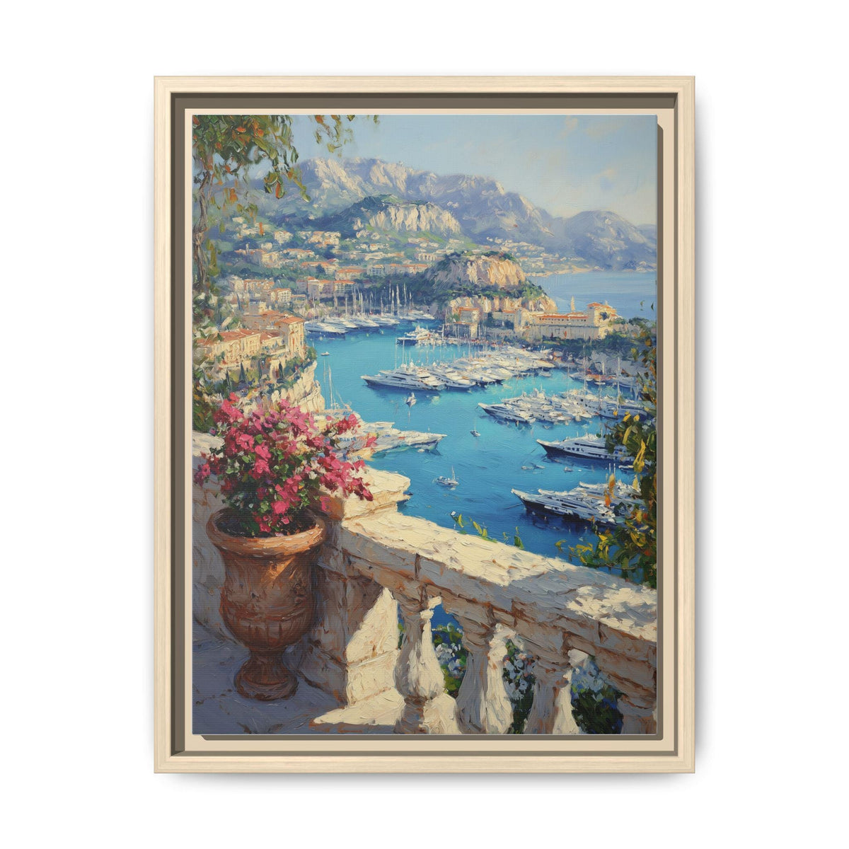 Monaco wall art framed canvas print in a natural wood frame