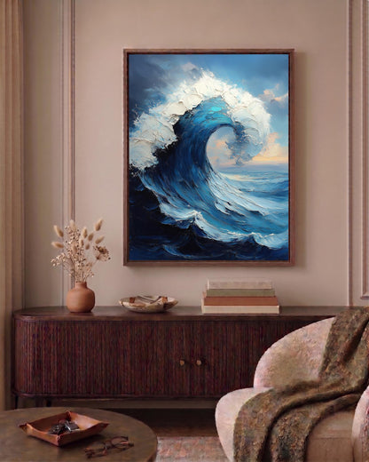 Ocean wave framed canvas art hand-framed in solid wood, made to order