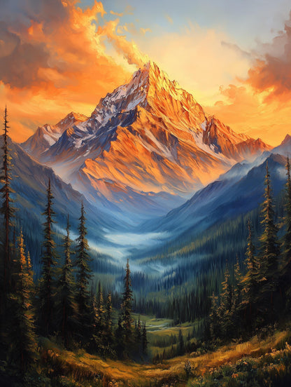 Loose oil painting of a high ridgeline with the sun dropping behind it