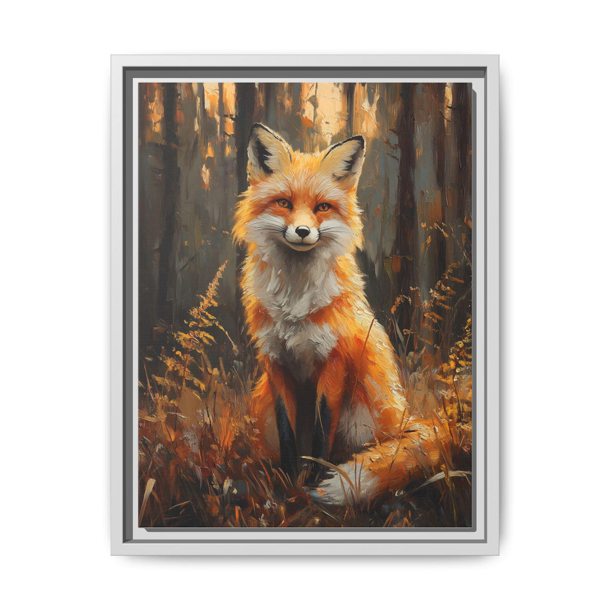 Fox wall art framed canvas print in a white wood frame