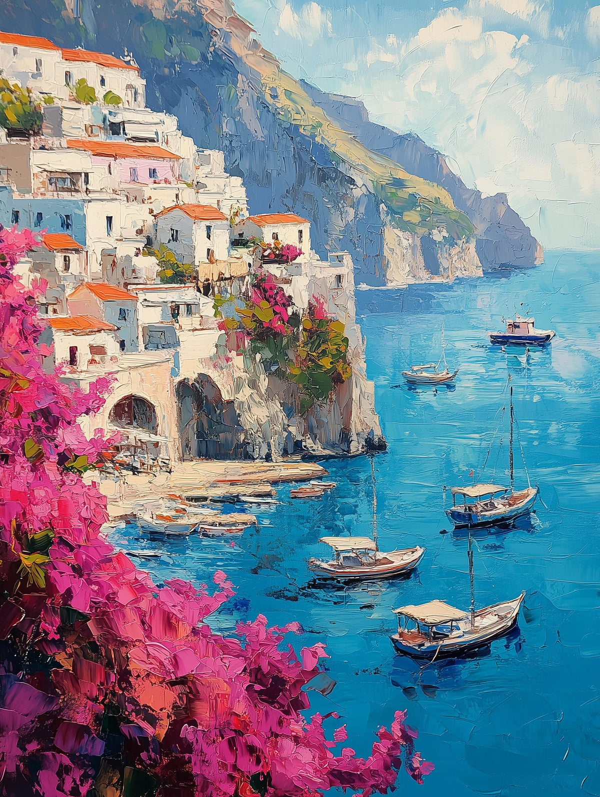 Painterly Positano canvas print washed in warm Mediterranean afternoon light