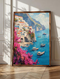 Positano wall art: cliffside houses stacked toward the Amalfi sea, framed canvas print