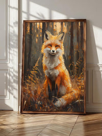 Fox wall art: a red fox sitting in tall dry grasses and holding your gaze
