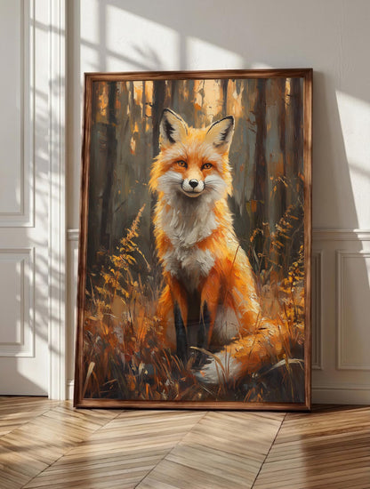 Fox wall art: a red fox sitting in tall dry grasses and holding your gaze